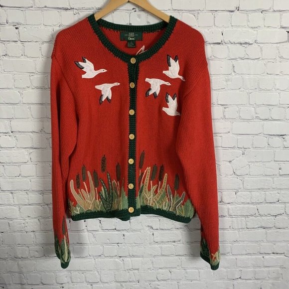 Orvis Sweaters - Vintage Orvis Red Sweater Cardigan Size Large Embroidered